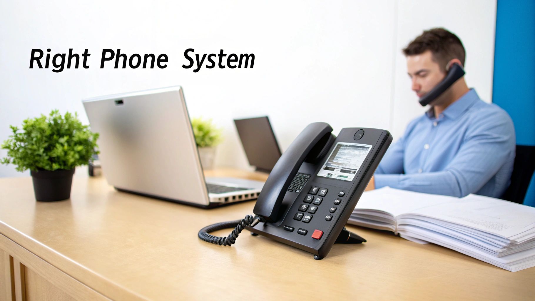 Right Phone System text over a man using a headset at his office desk with a VoIP phone.