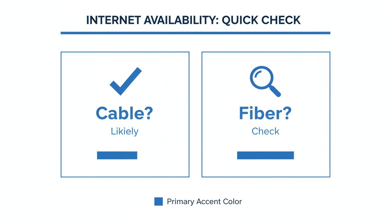 Infographic comparing internet availability for cable (likely) and fiber (check required).