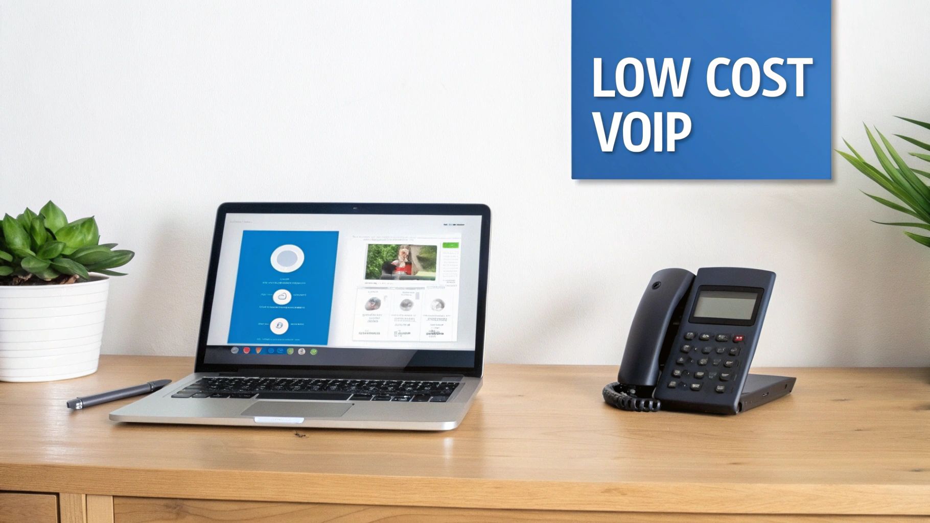 Laptop and a black VoIP phone on a wooden desk with a 'LOW COST VOIP' sign on the wall.