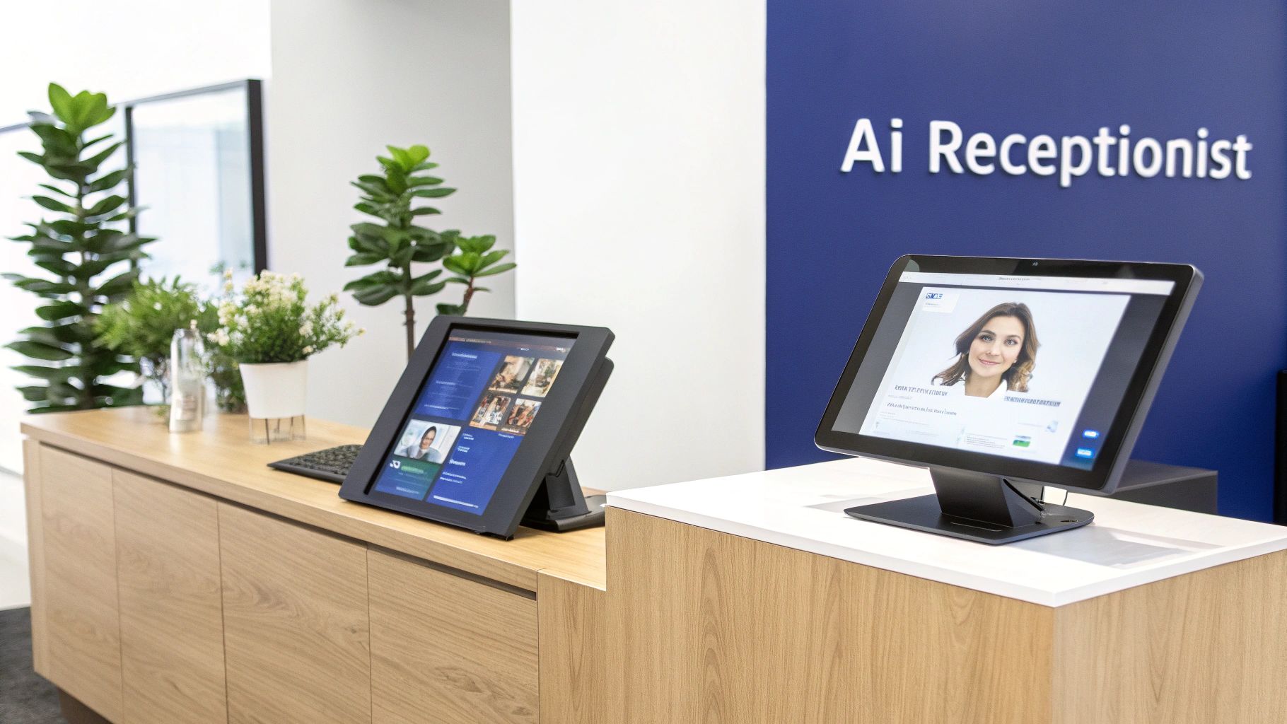 Two modern digital displays, one showcasing an AI receptionist, on a wooden counter in an office.