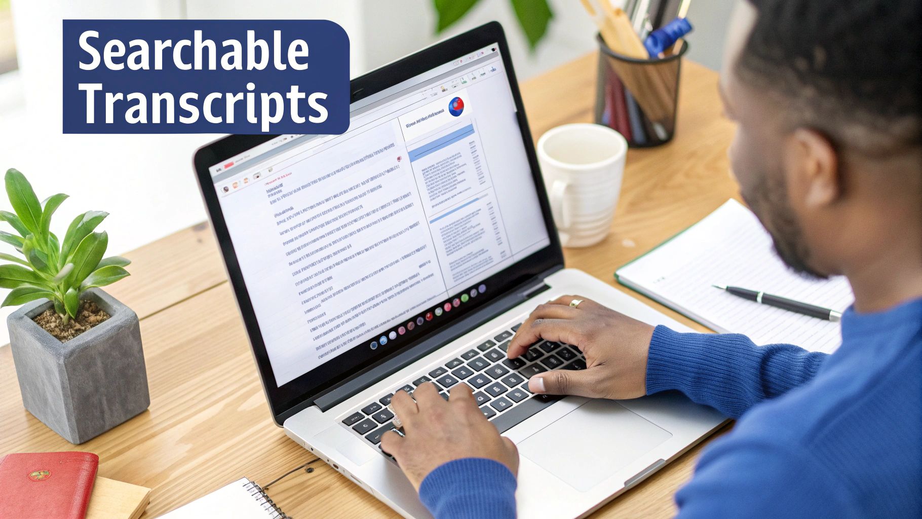 Man typing on a laptop displaying searchable transcripts at a wooden desk with a plant.