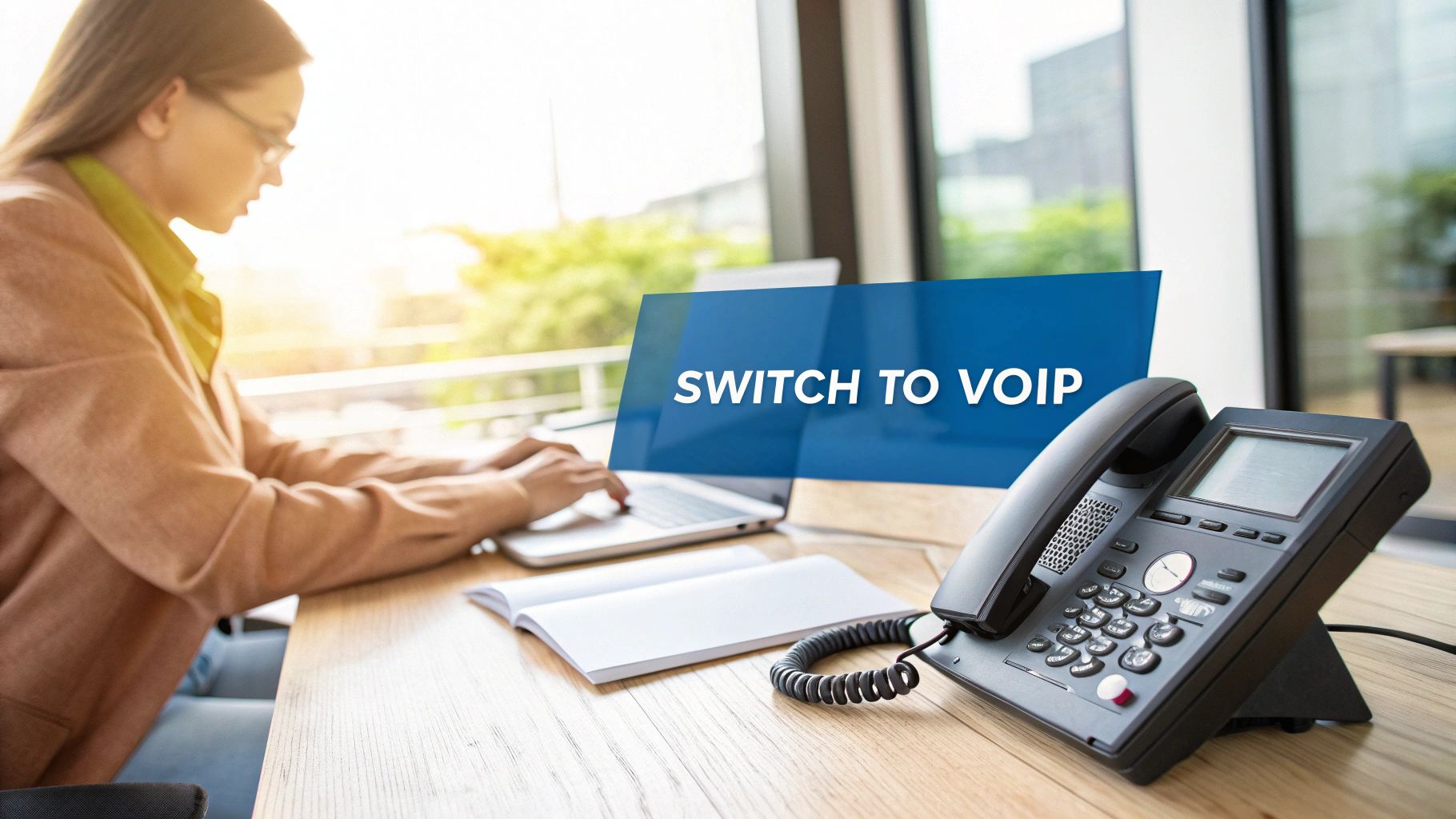 A businesswoman typing on a laptop at an office desk with a black VoIP phone and a 'SWITCH TO VOIP' banner.