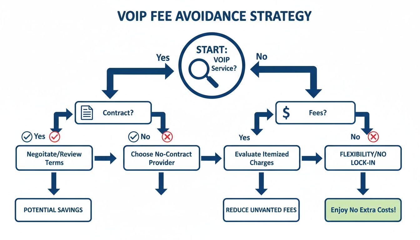 Flowchart detailing a VOIP fee avoidance strategy, guiding users through contract assessment and fee reduction steps.