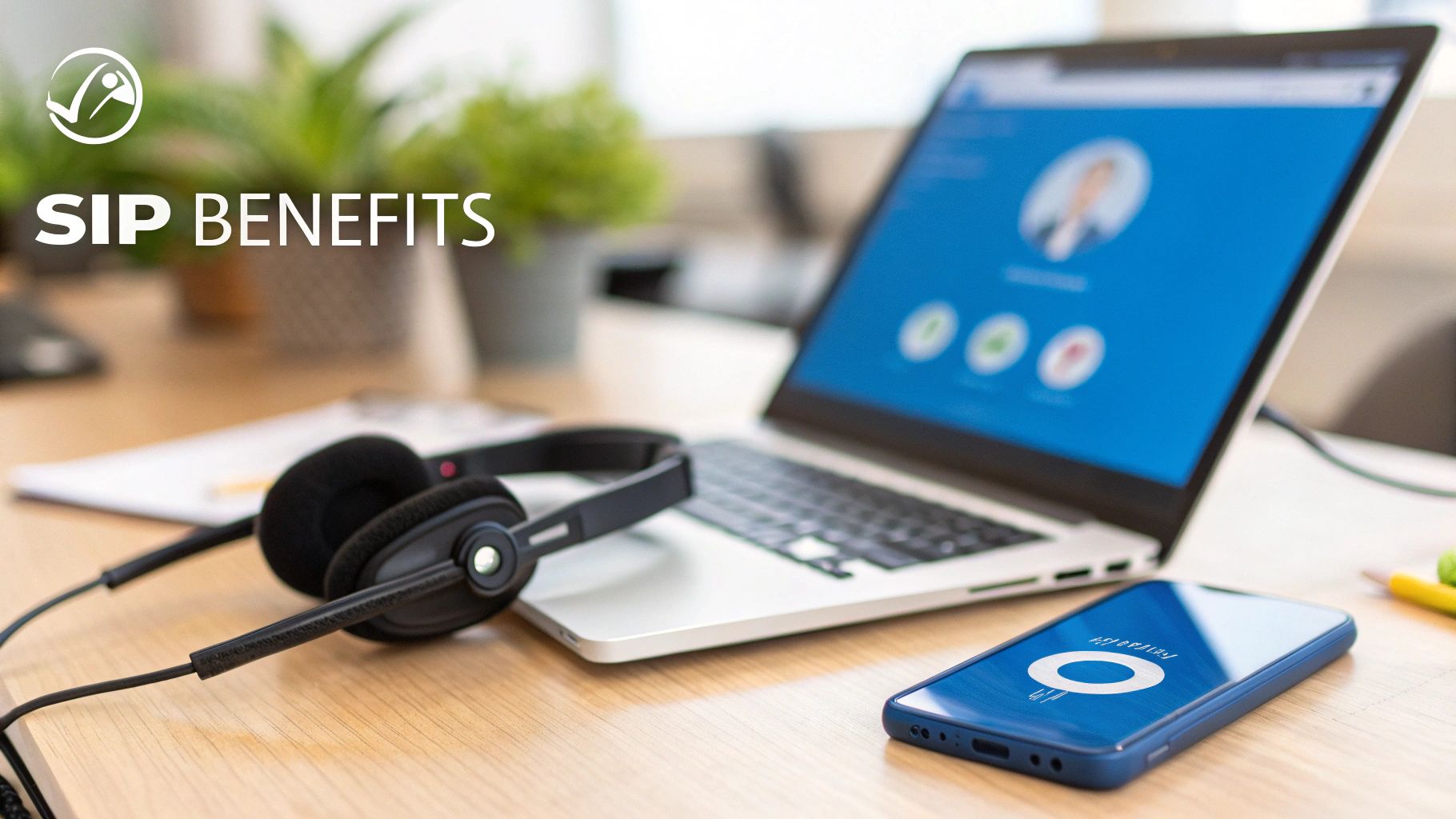 A modern office desk with a laptop, headset, and smartphone, highlighting SIP benefits.