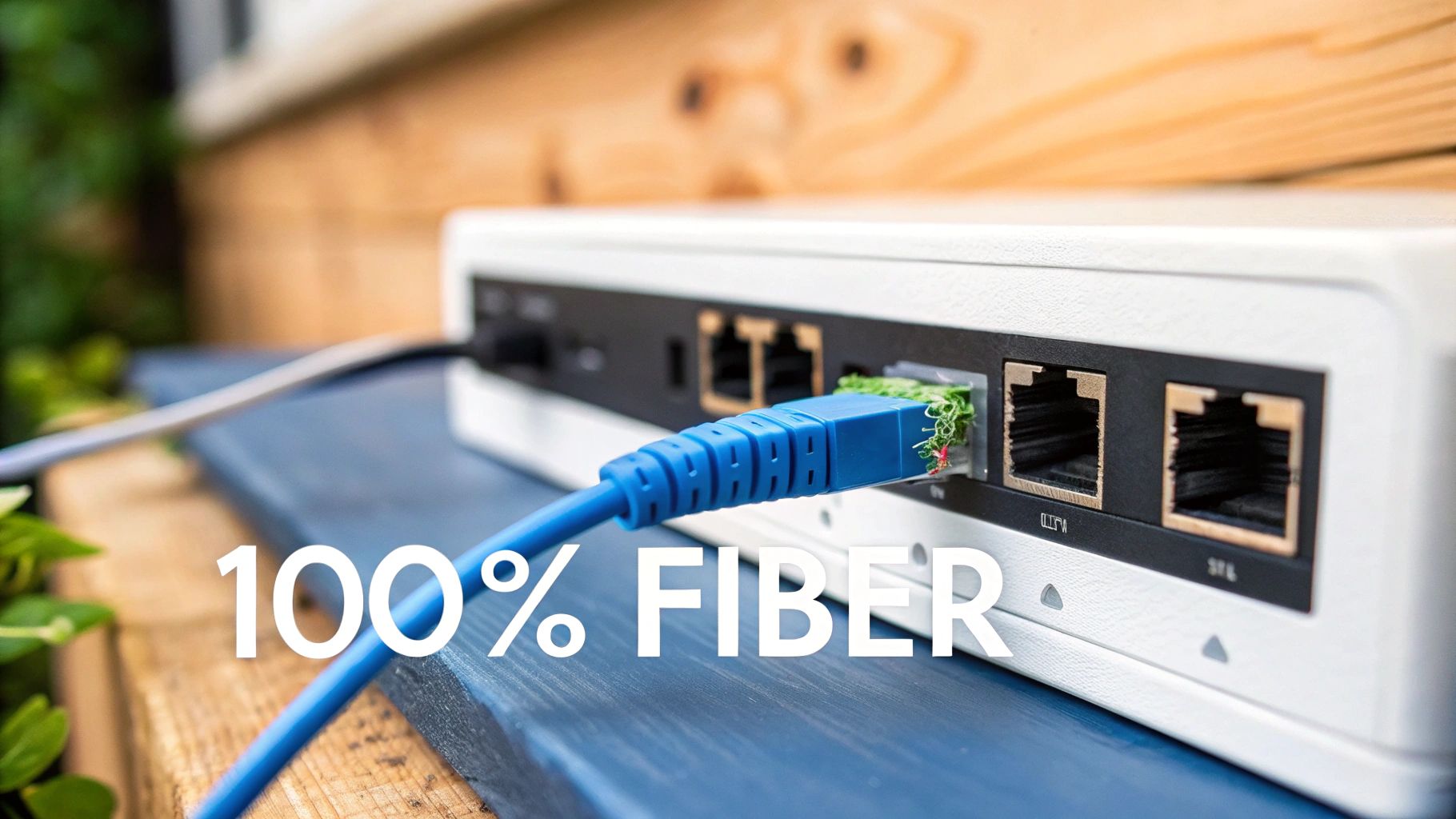 A close-up of a white internet router with a blue fiber optic cable plugged in.