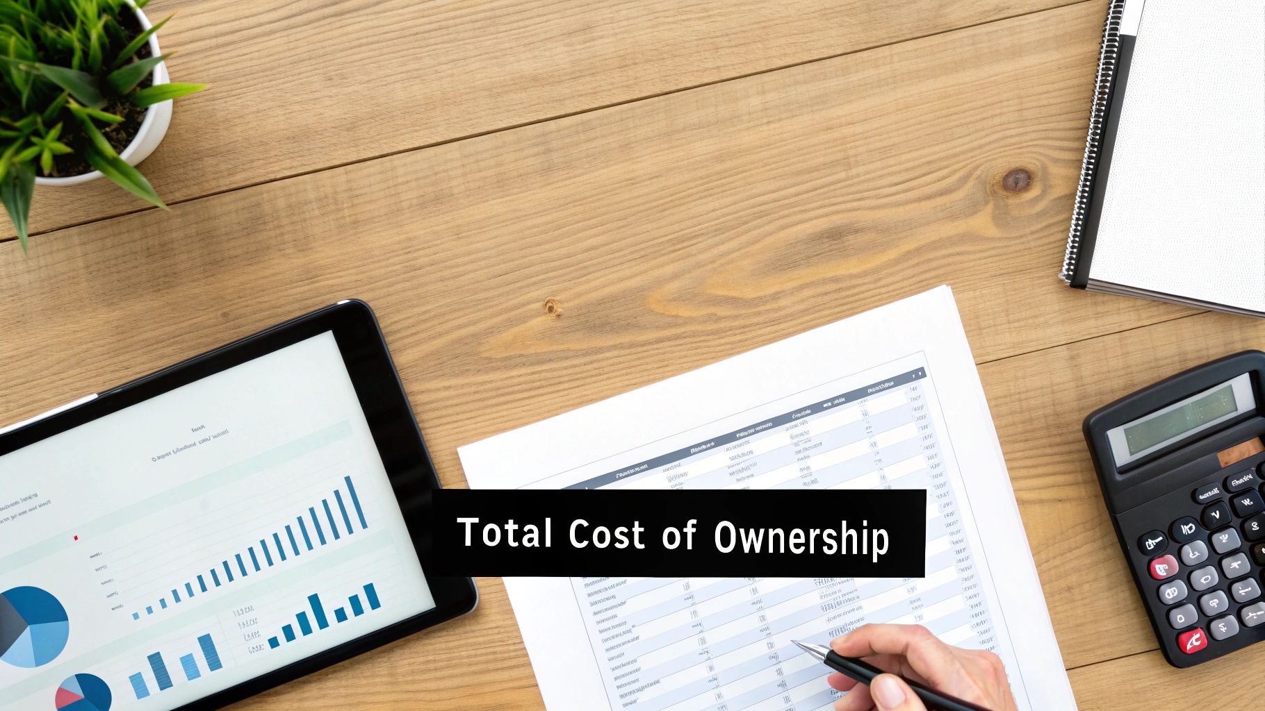 Overhead shot of a person calculating Total Cost of Ownership on a wooden desk with a tablet and calculator.