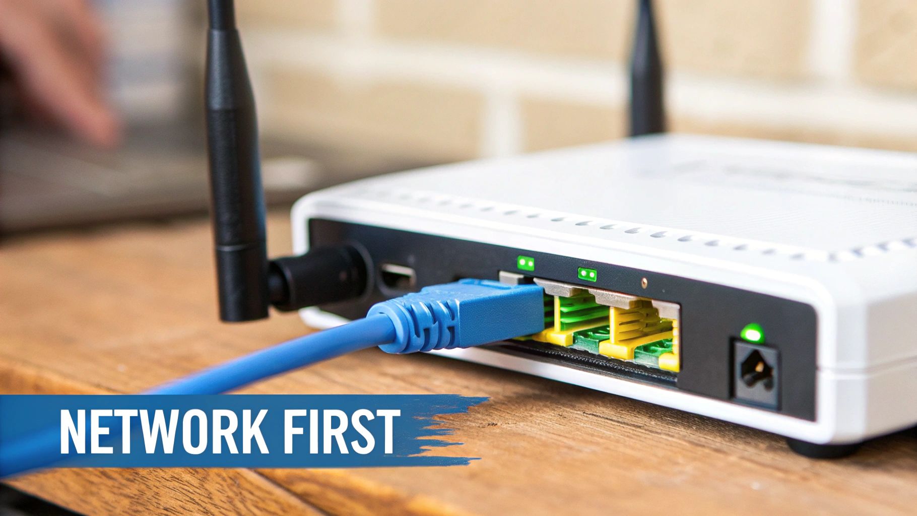 Close-up of a white internet router with a blue Ethernet cable plugged in and green indicator lights.