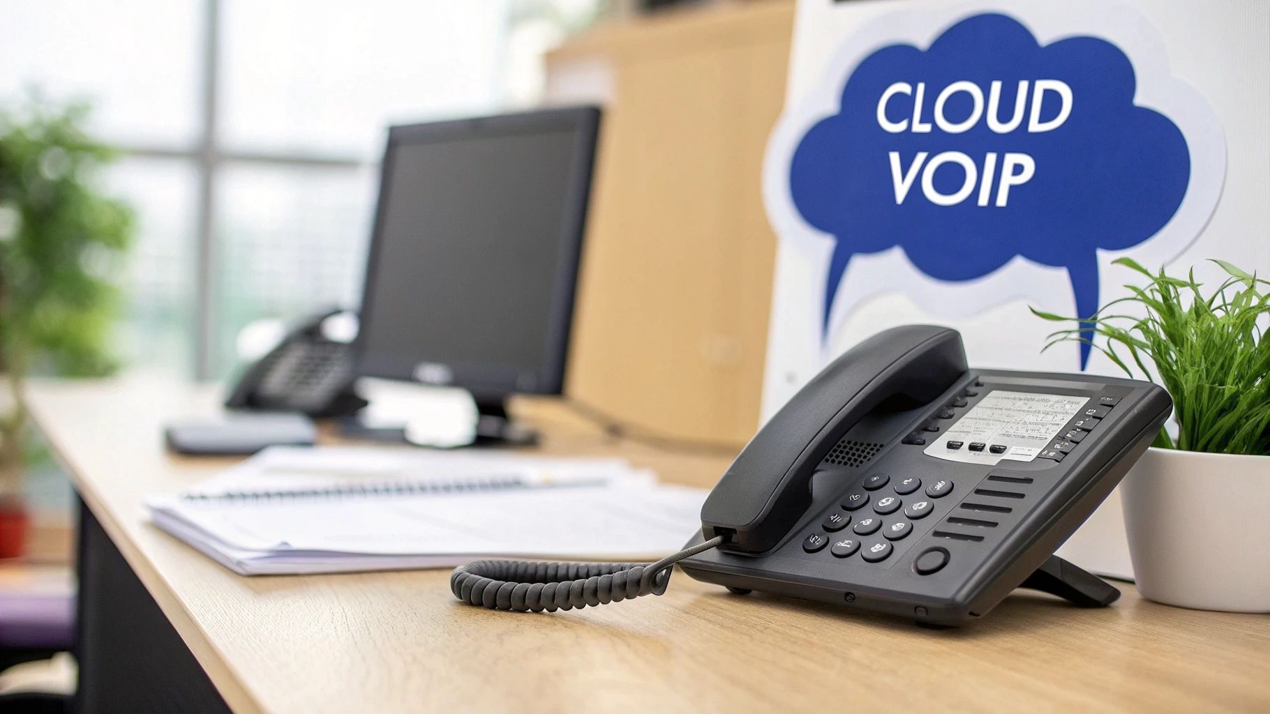 A black VoIP phone with a digital display rests on a wooden desk, near a 'CLOUD VOIP' sign.