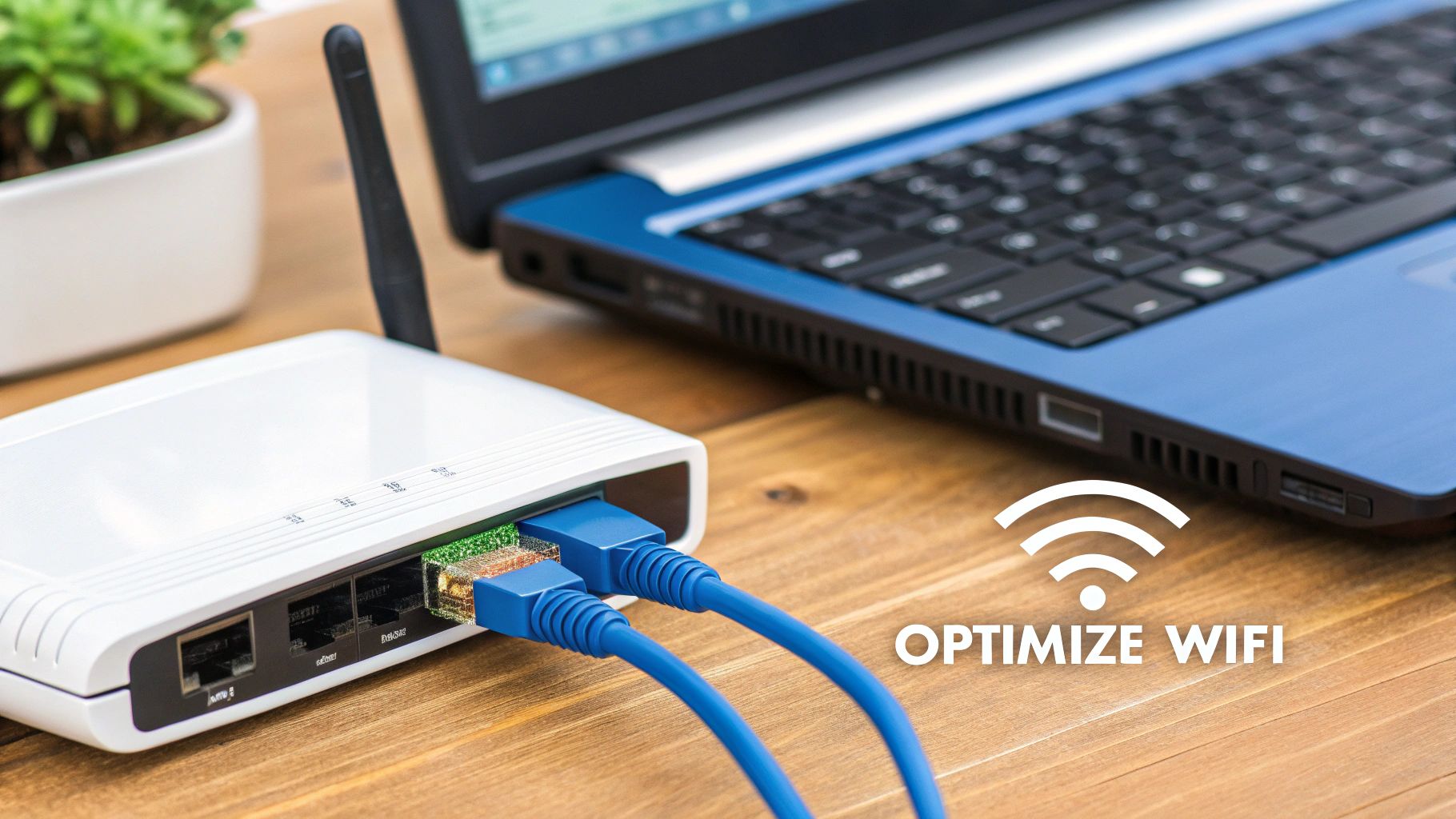White wireless router with blue ethernet cables connected next to laptop on wooden desk