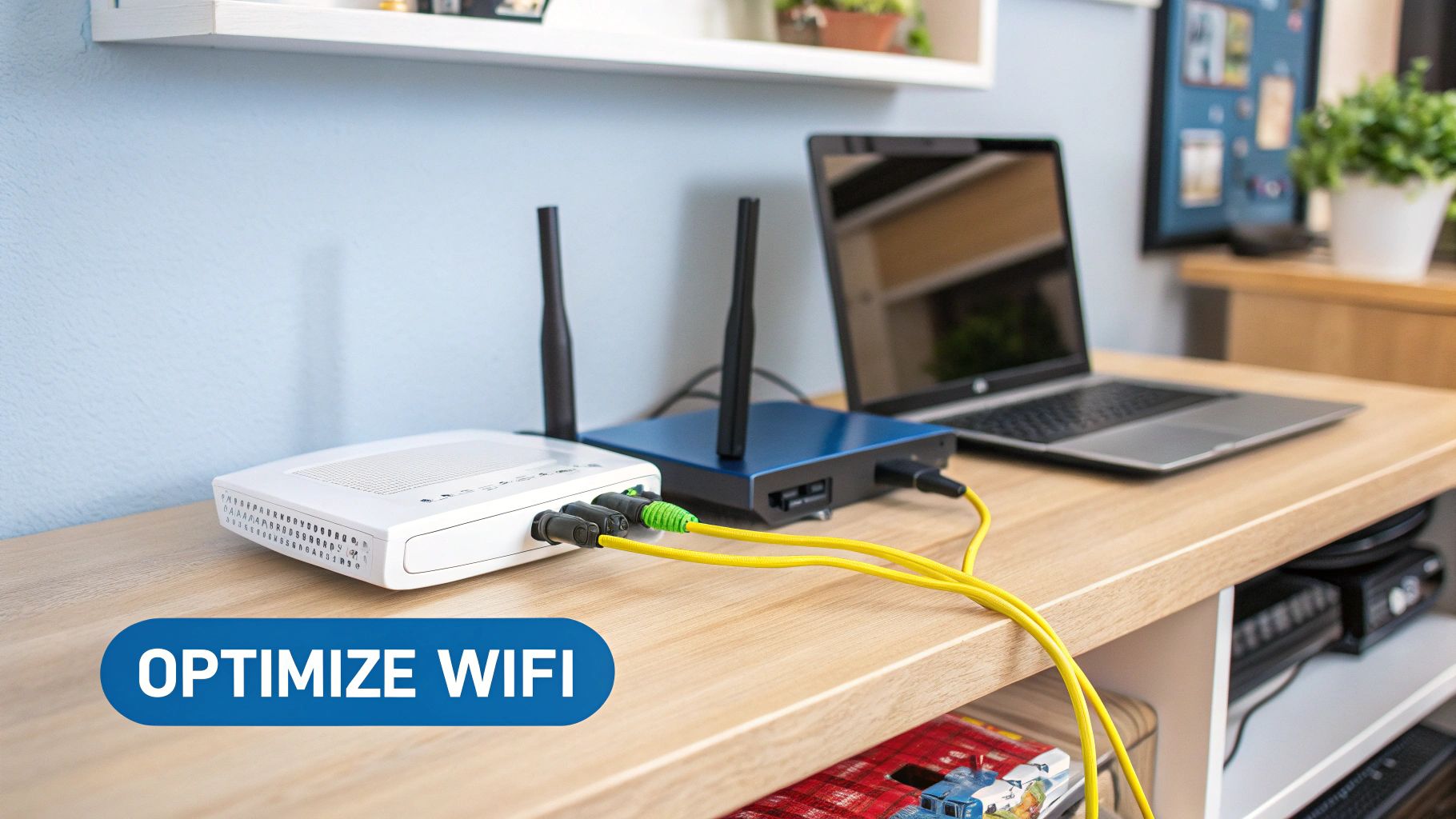 Fiber optic modem and WiFi router connected on a wooden desk with a laptop, optimizing WiFi.