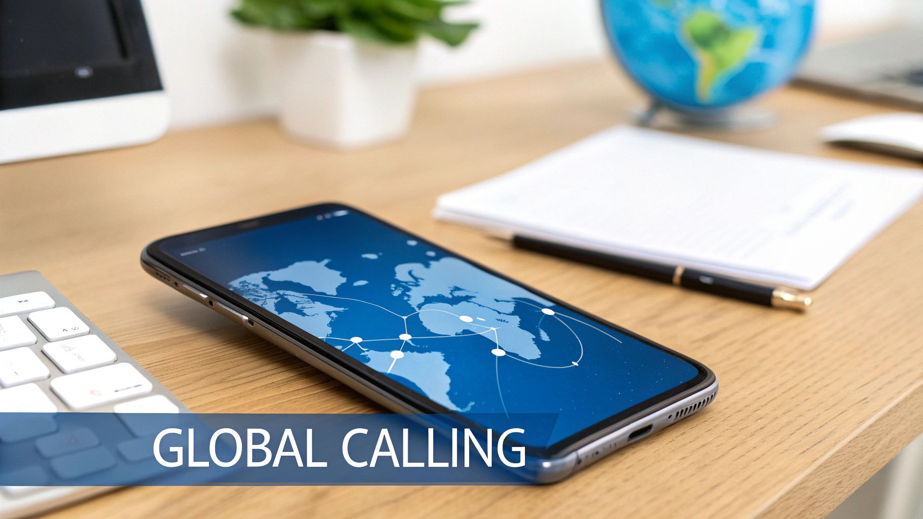 Smartphone on a desk showing a global network map, symbolizing worldwide communication and calling.