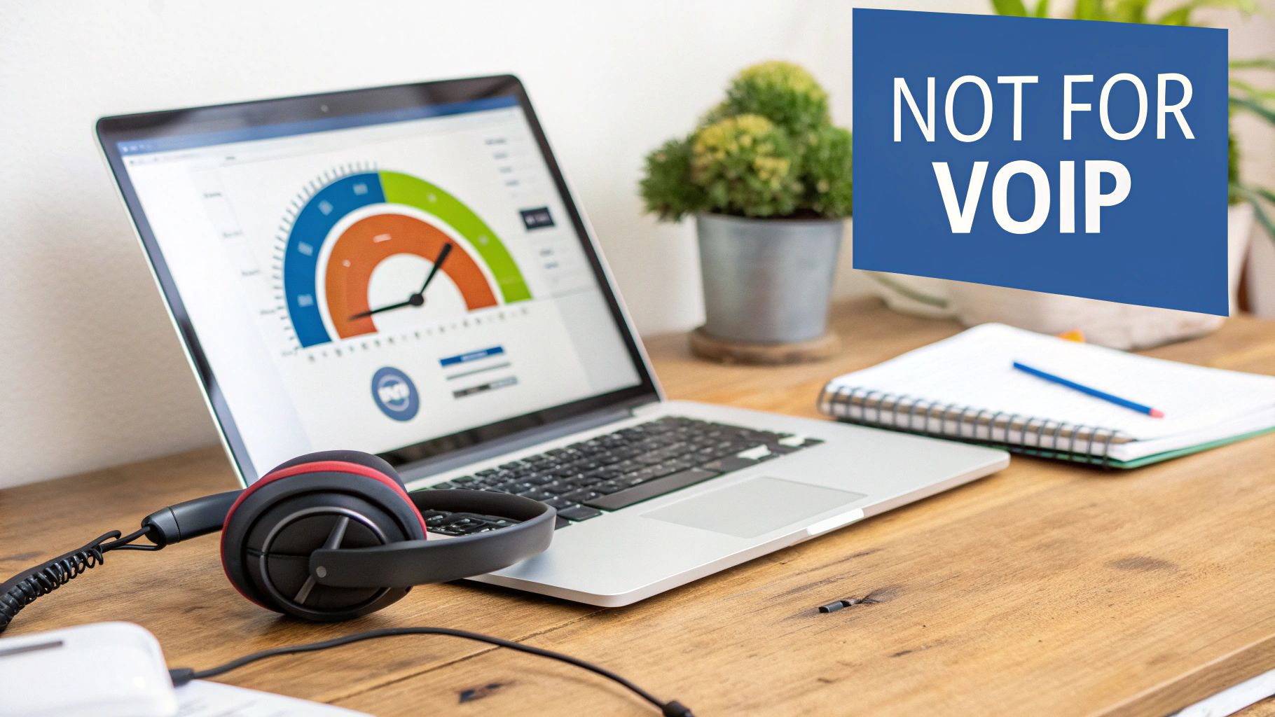 A laptop on a wooden desk displays a network speed test. Headphones are nearby, with a 'NOT FOR VOIP' sign.