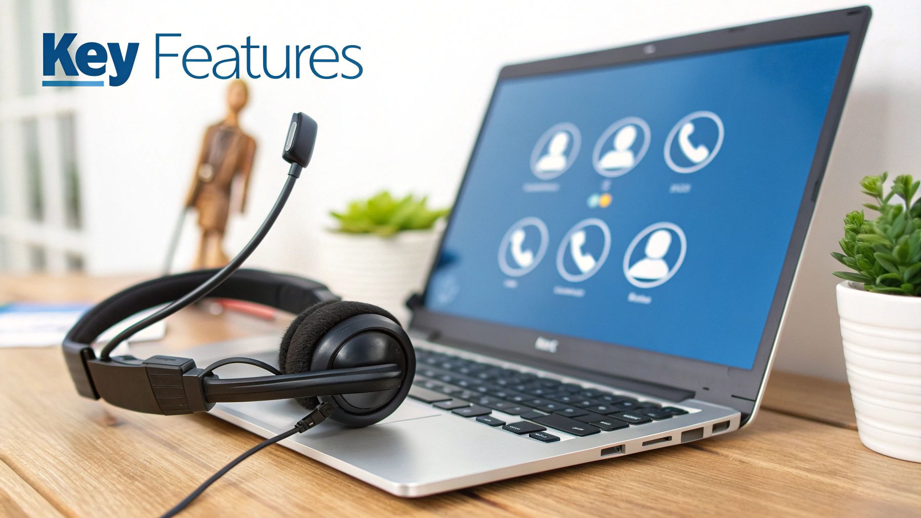 A black headset rests on a laptop displaying a communication interface with user and call icons.