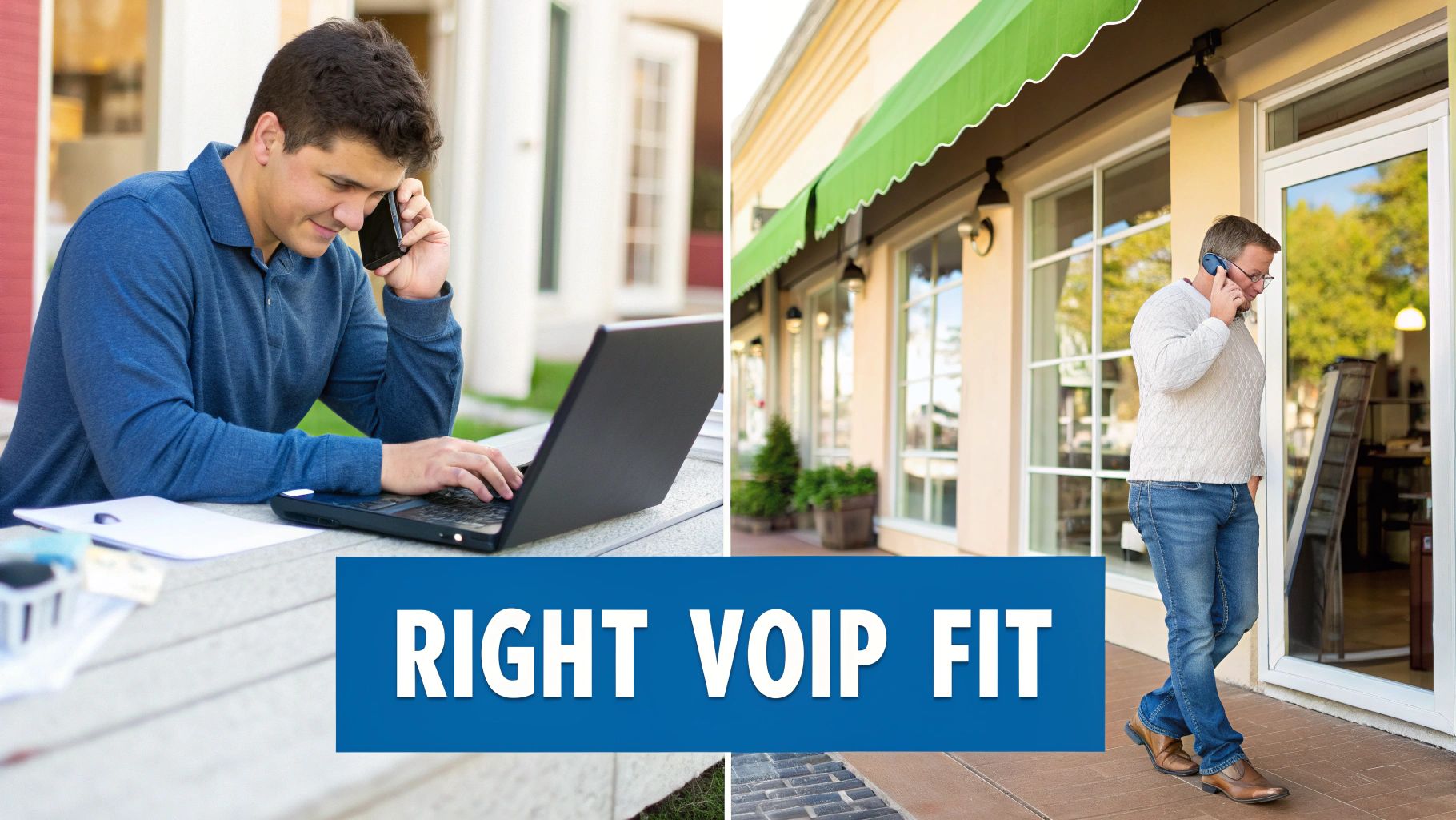 Two men communicate on smartphones in diverse outdoor settings, illustrating the perfect VoIP solution for different business needs.