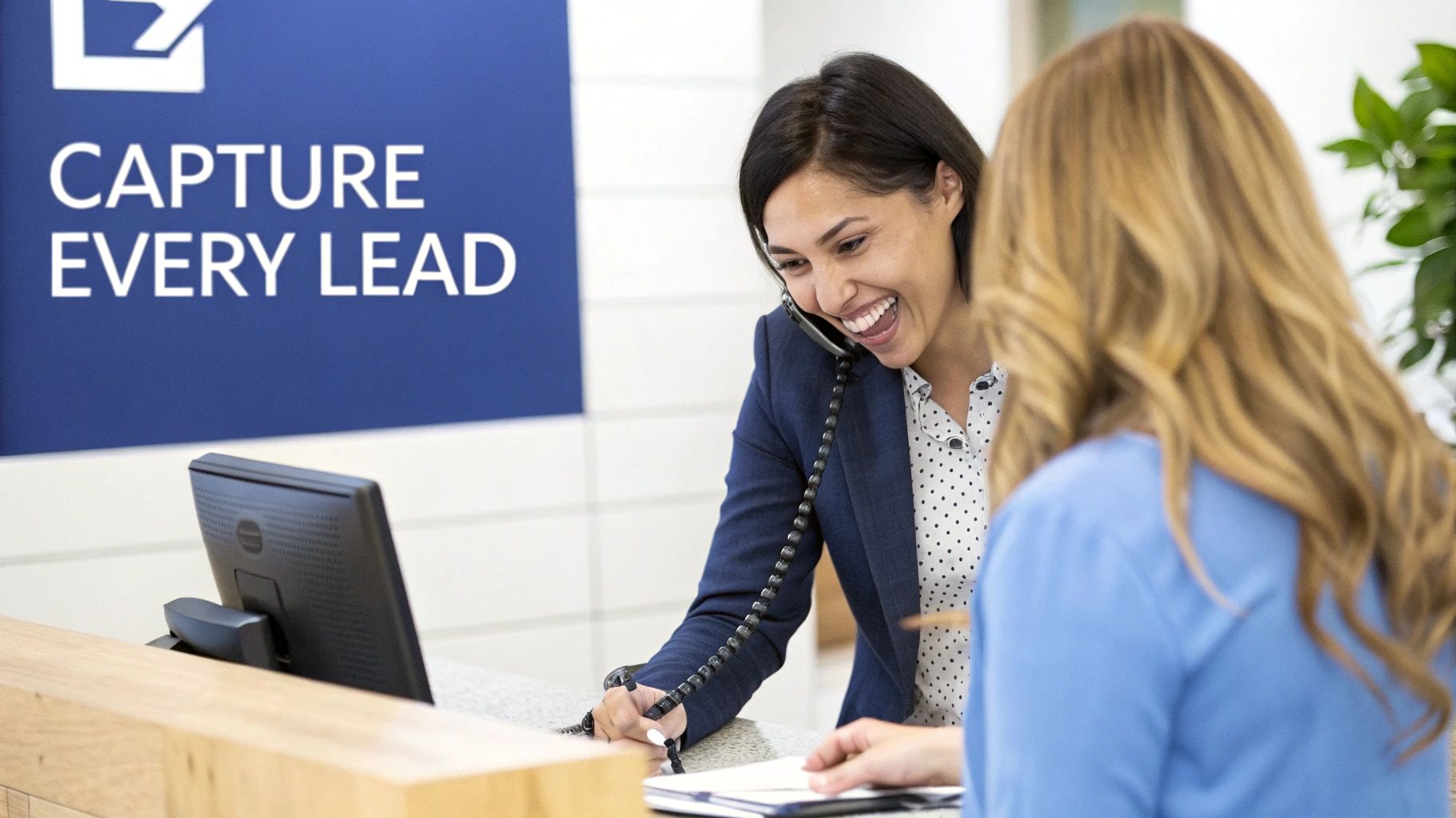 Smiling woman on phone at reception desk, speaking with another person while a sign reads 'CAPTURE EVERY LEAD'.