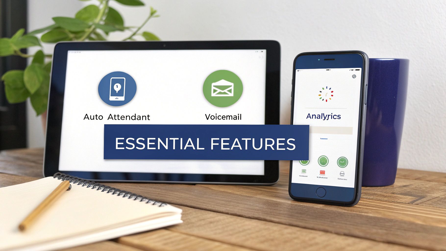 Tablet and smartphone display essential business communication features like auto attendant, voicemail, and analytics.