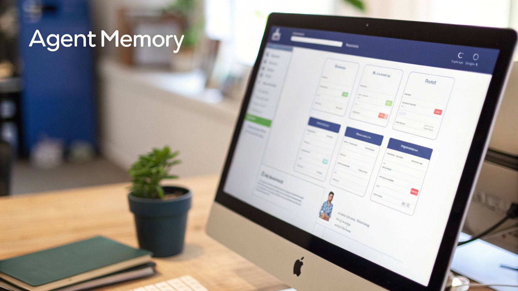 A desktop computer shows a 'Agent Memory' dashboard with various data cards and a user profile.