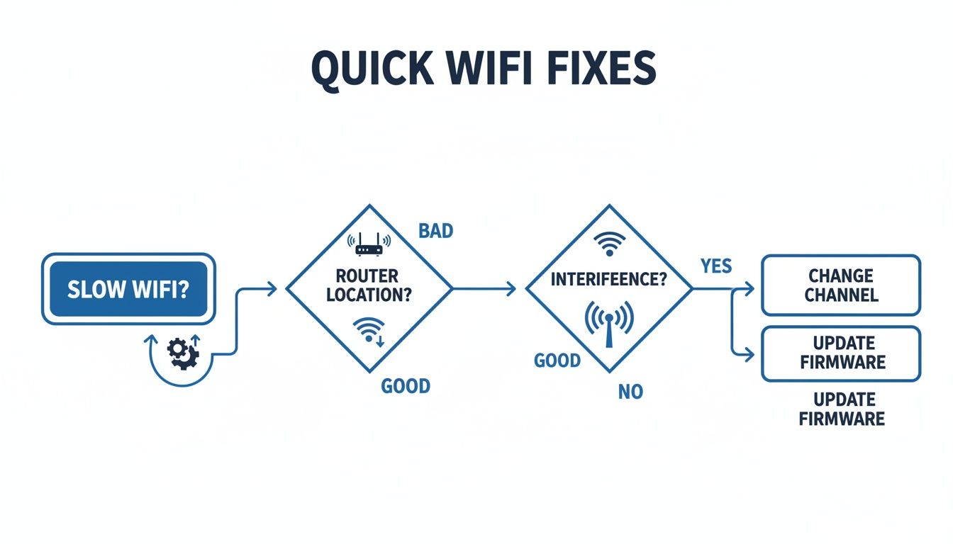 A flowchart titled 'Quick WiFi Fixes' demonstrating steps to troubleshoot slow internet connections, including router location and interference.