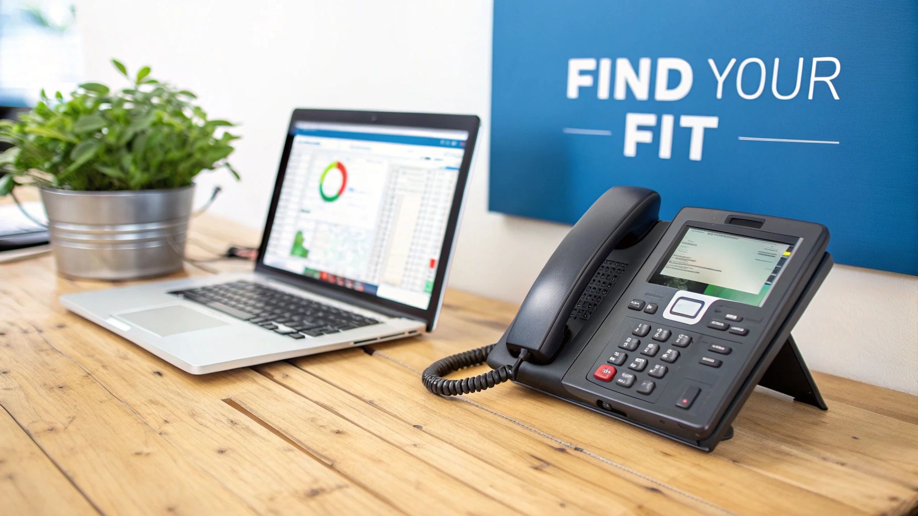 Modern office desk setup with a laptop, plant, and black VoIP phone, next to a 'FIND YOUR FIT' sign.