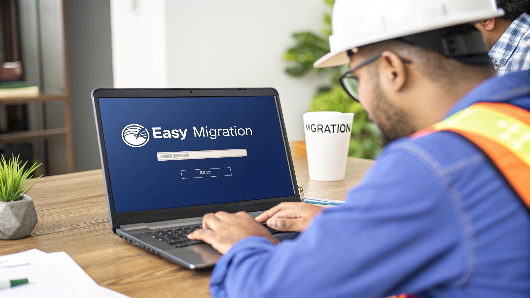 A technician in a hard hat and safety vest uses a laptop for Easy Migration.