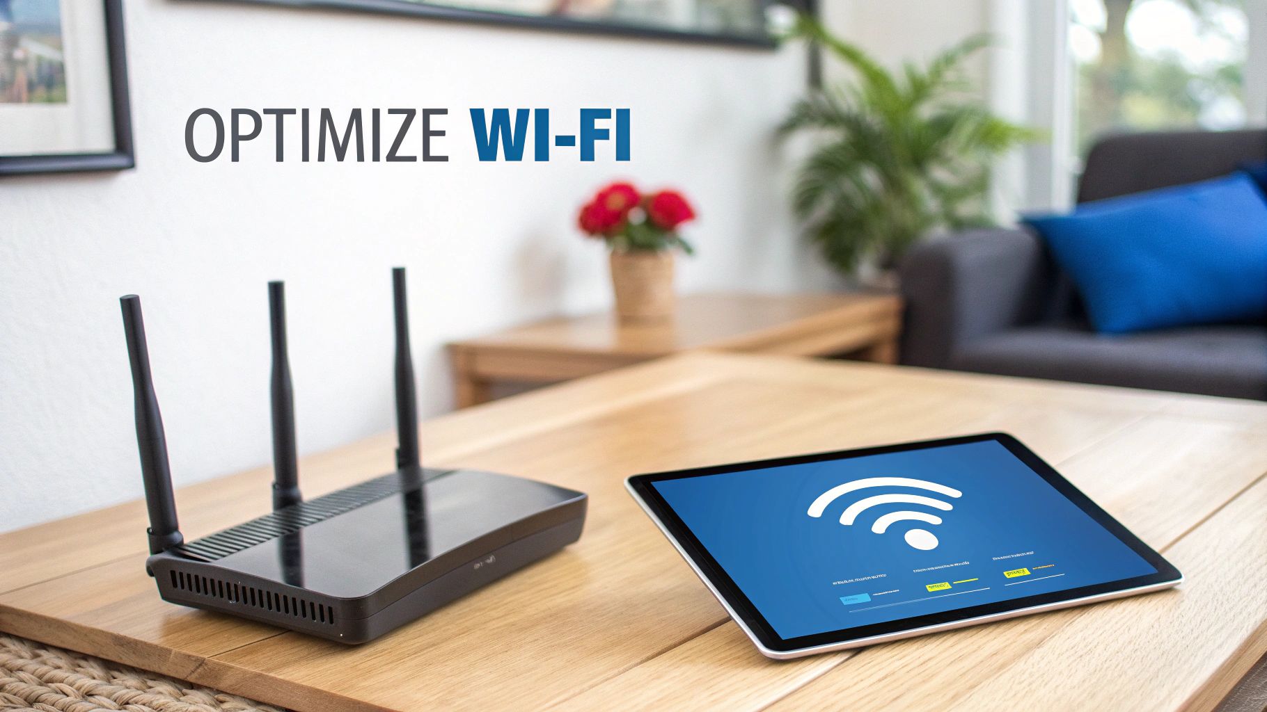 Black wireless router with three antennas next to tablet displaying WiFi symbol on wooden table