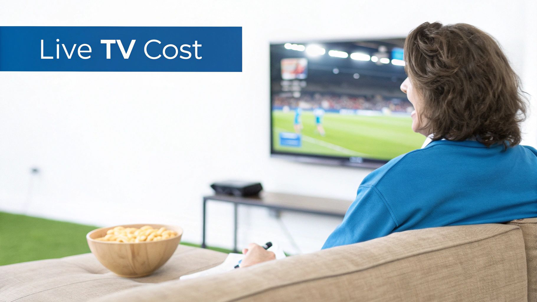 Person watching live soccer game on TV with a bowl of macaroni, next to 'Live TV Cost' text.
