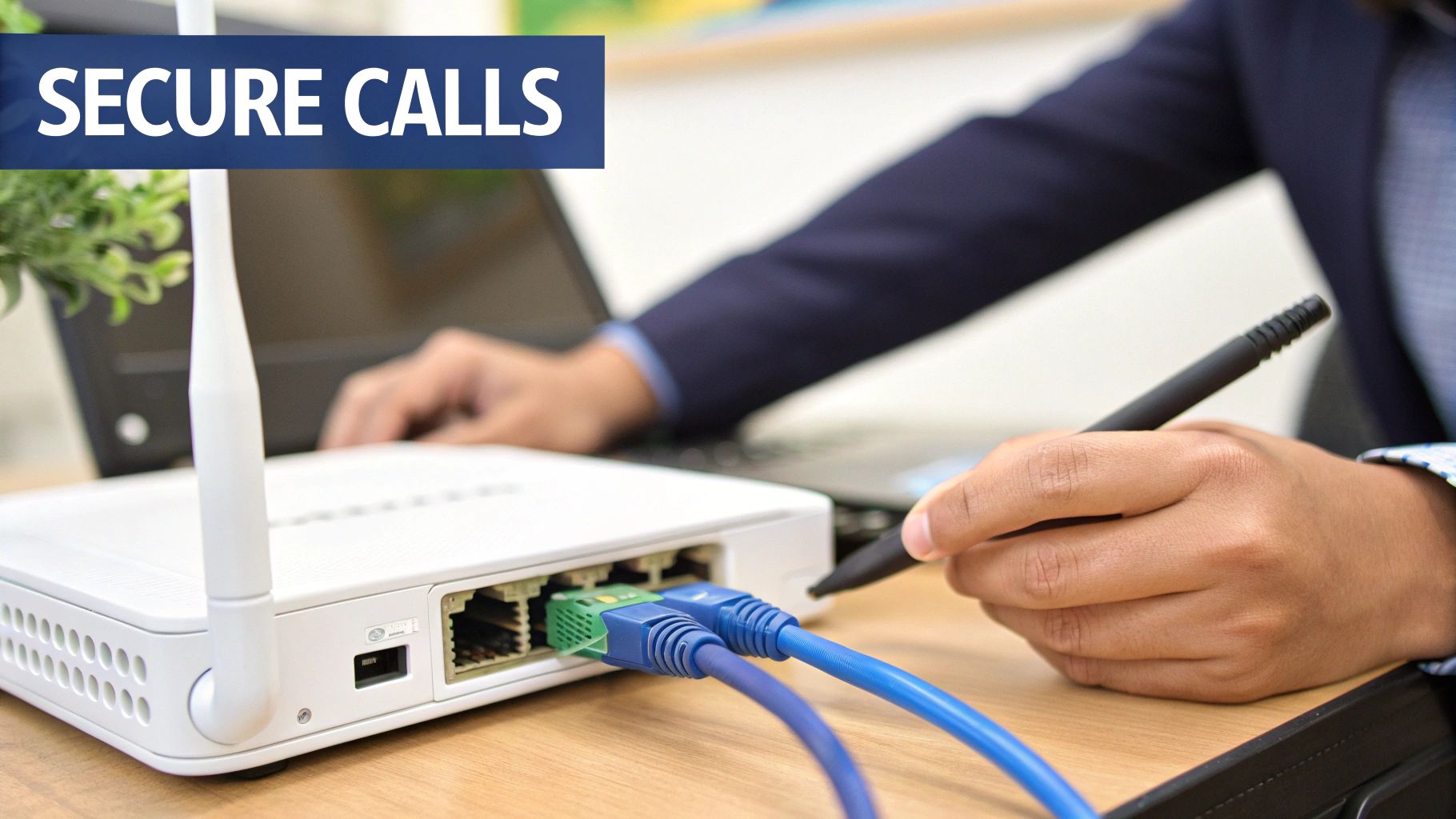 A person works on a laptop next to a white router with blue Ethernet cables and 'SECURE CALLS' text.