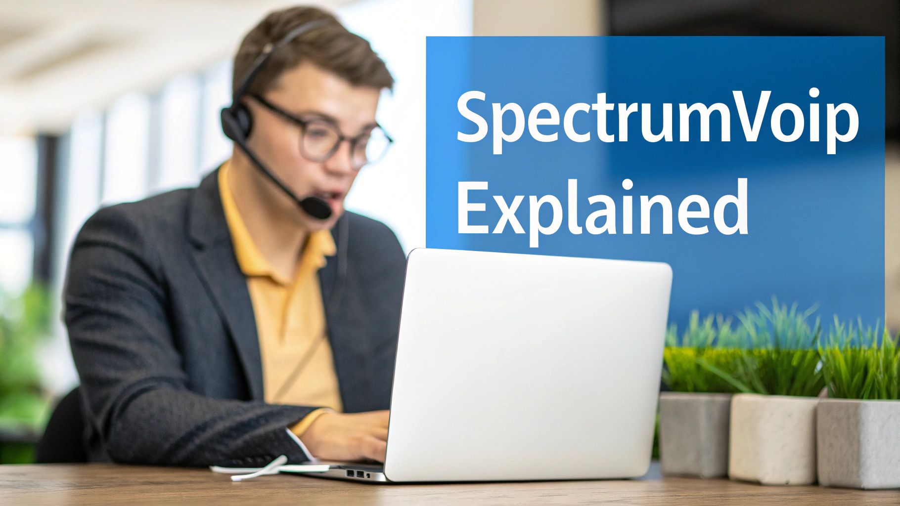 A customer service representative wearing a headset uses a laptop, with 'SpectrumVoip Explained' text.