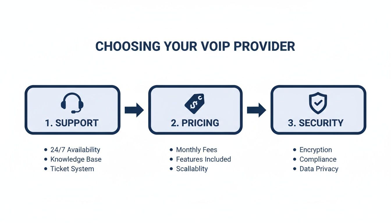 Diagram outlining three key factors for choosing a VoIP provider: support, pricing, and security.