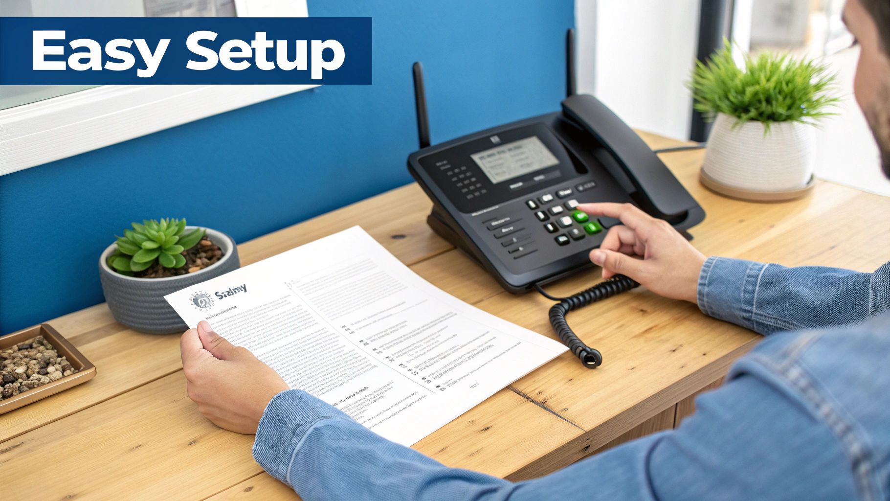 A person's hand presses buttons on a black VoIP desk phone, following printed instructions for easy setup.