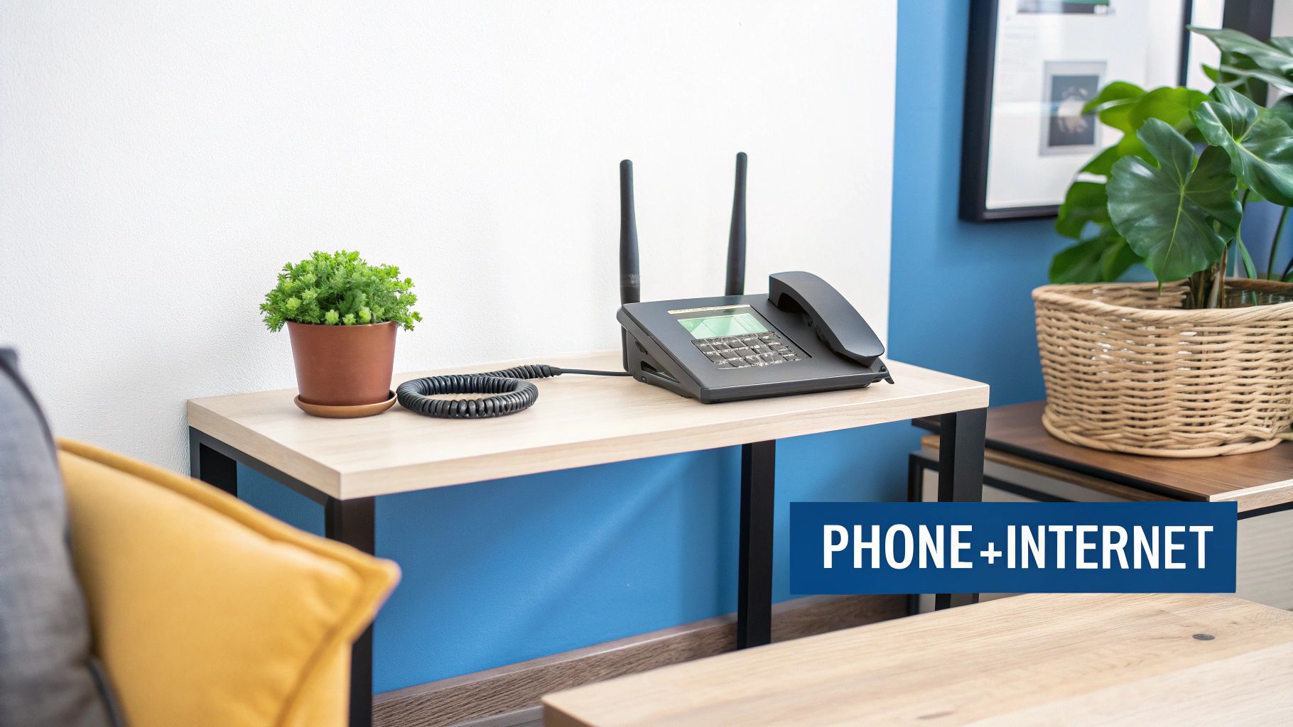 A black office phone and internet router sit on a light wooden table next to a small green plant.