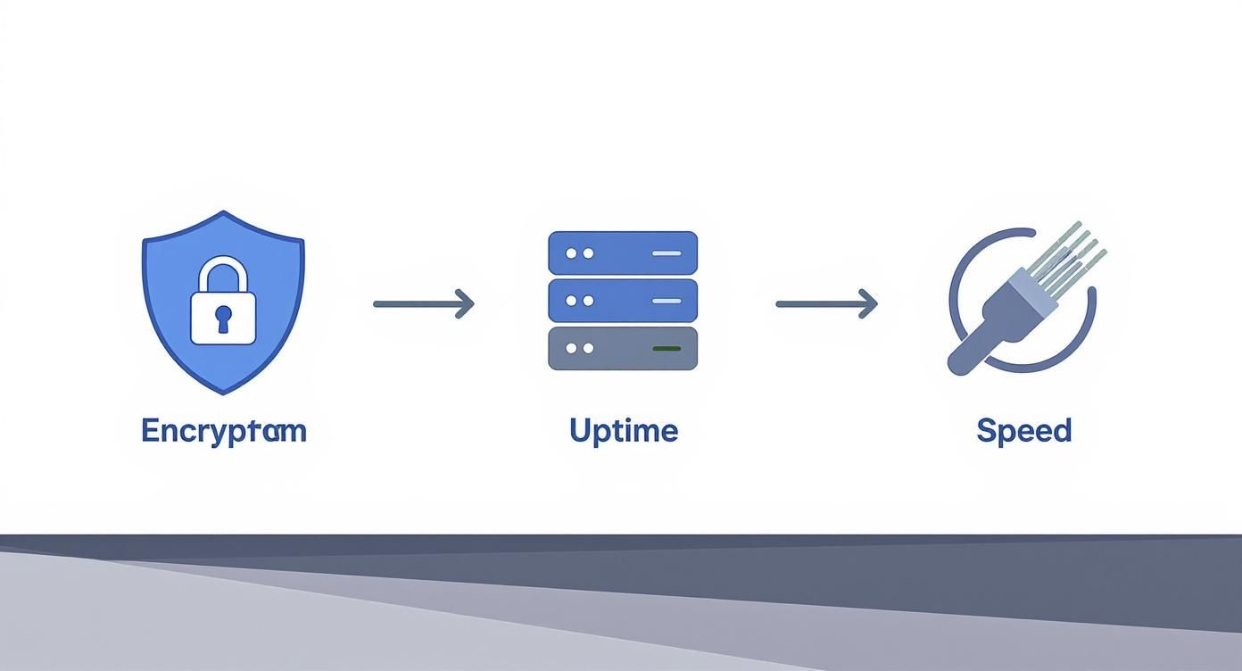Infographic showing the process flow of UCaaS security and reliability, featuring icons for Encryption, Uptime, and Speed.