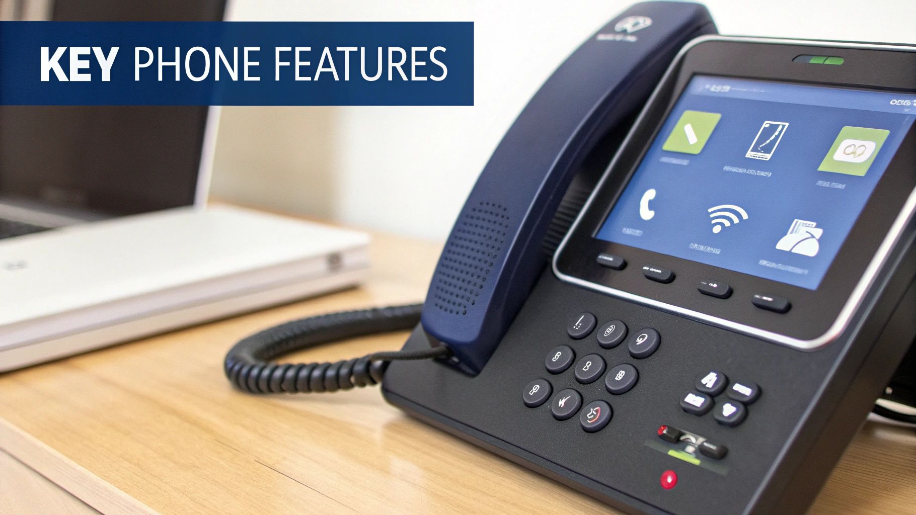 A modern dark VoIP phone displaying various icons on its screen, next to a laptop on a wooden desk.