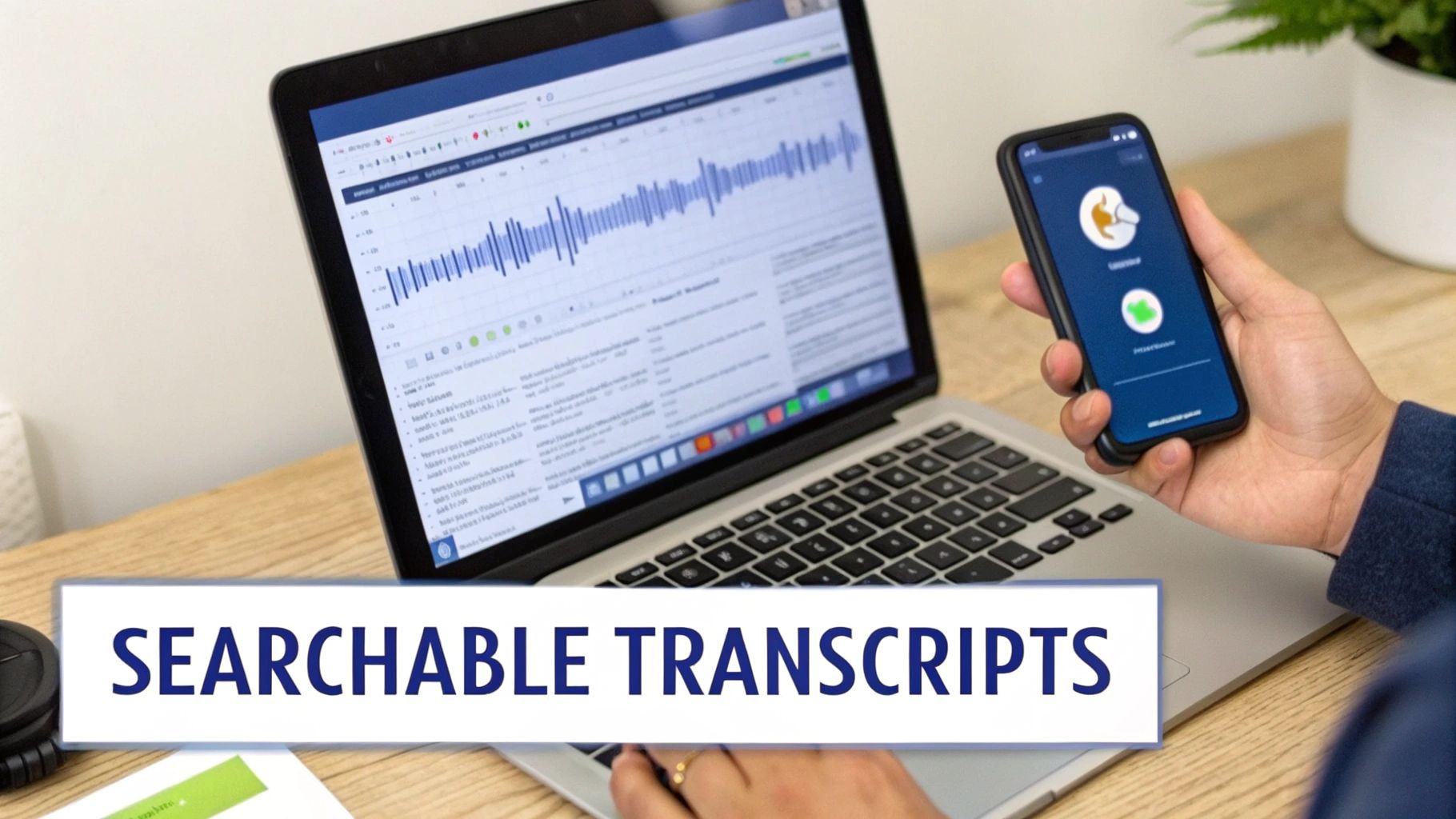 A person uses a laptop displaying an audio waveform and a smartphone with a transcription app, highlighting searchable transcripts.