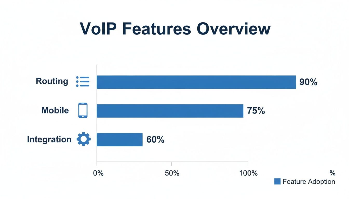 Bar chart showing VoIP feature adoption rates for Routing (90%), Mobile (75%), and Integration (60%).