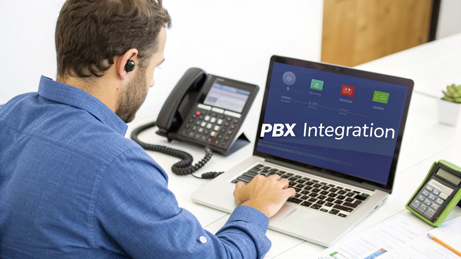 Man with an earbud looks at a laptop displaying "PBX Integration", alongside a desk phone.