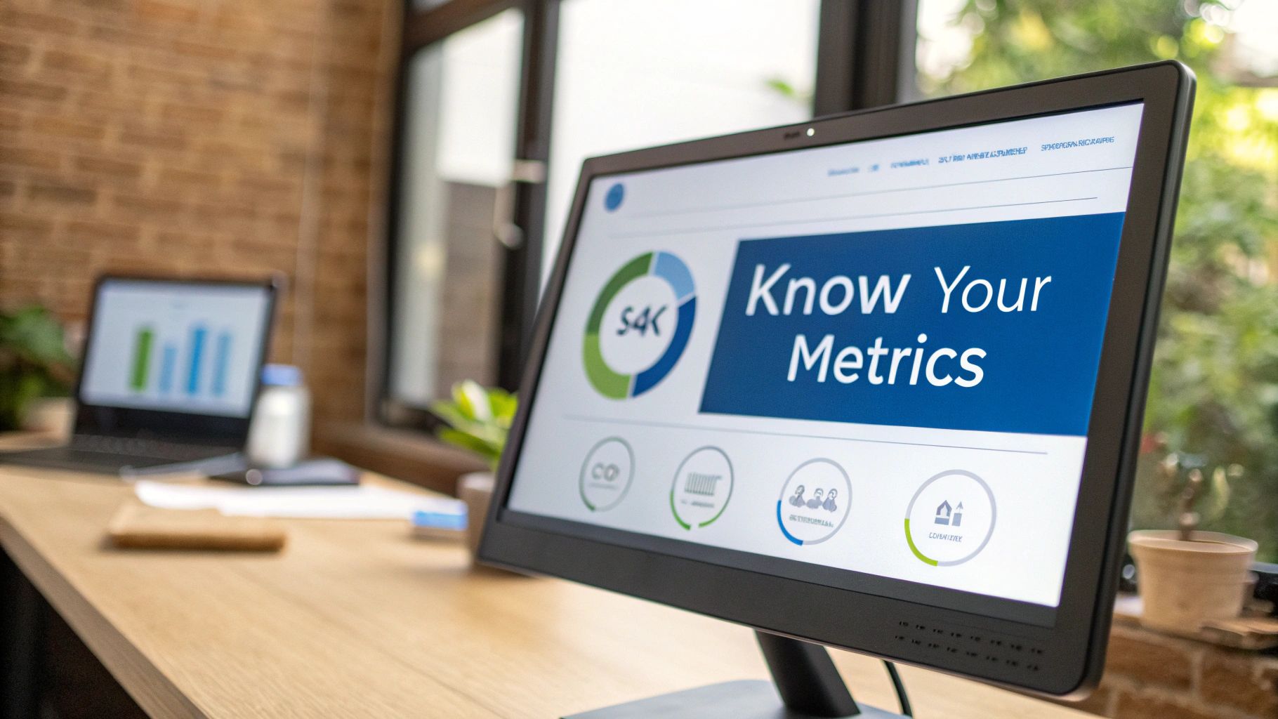 Modern office desk with a computer monitor displaying a 'Know Your Metrics' business dashboard and a laptop.