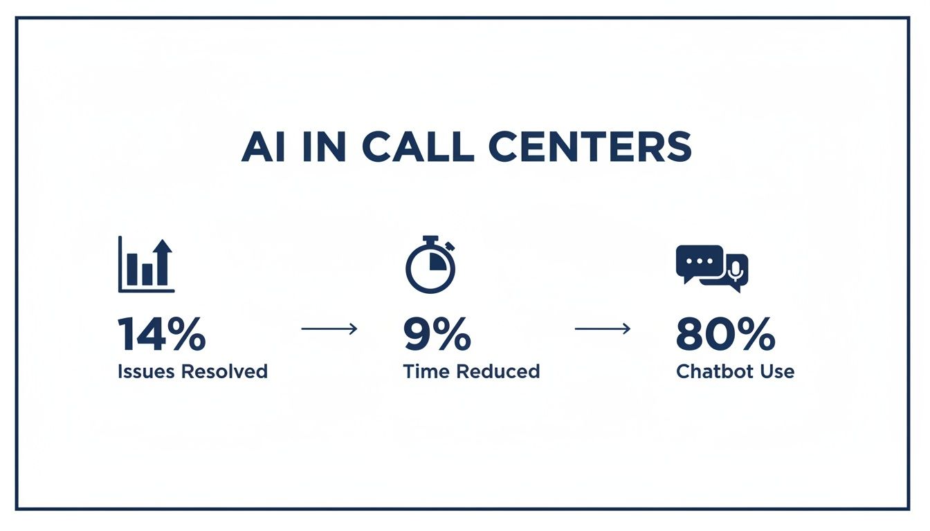 Infographic showing AI's impact on call centers: 14% issues resolved, 9% time reduced, 80% chatbot use.