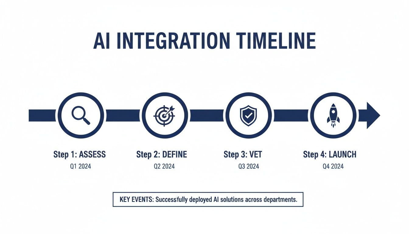 AI integration timeline showing four steps: Assess, Define, Vet, and Launch, scheduled for 2024.
