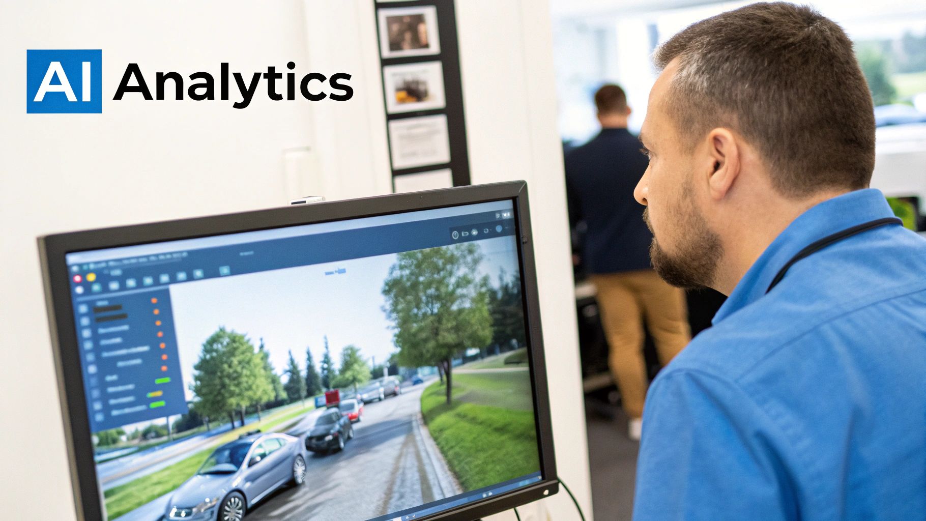 A man in a blue shirt looks at a computer screen showing AI analytics with a traffic simulation.