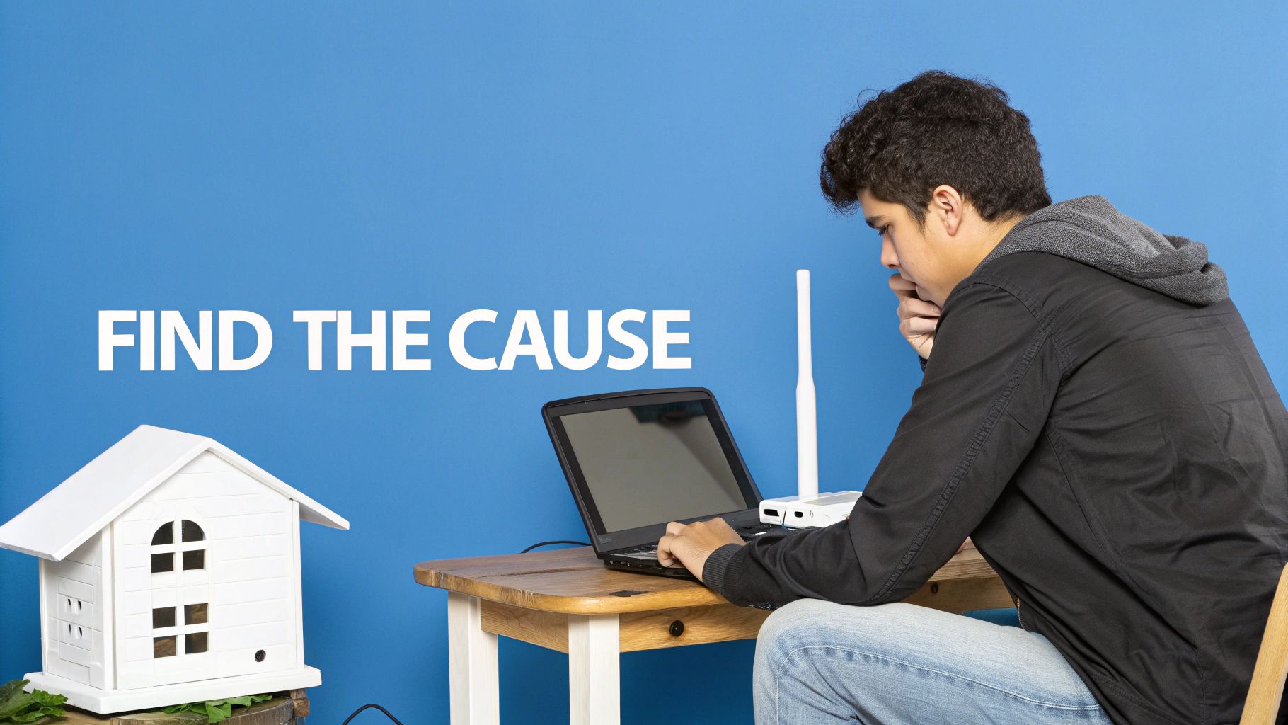 A person looking at their home WiFi router, trying to troubleshoot a connection issue.