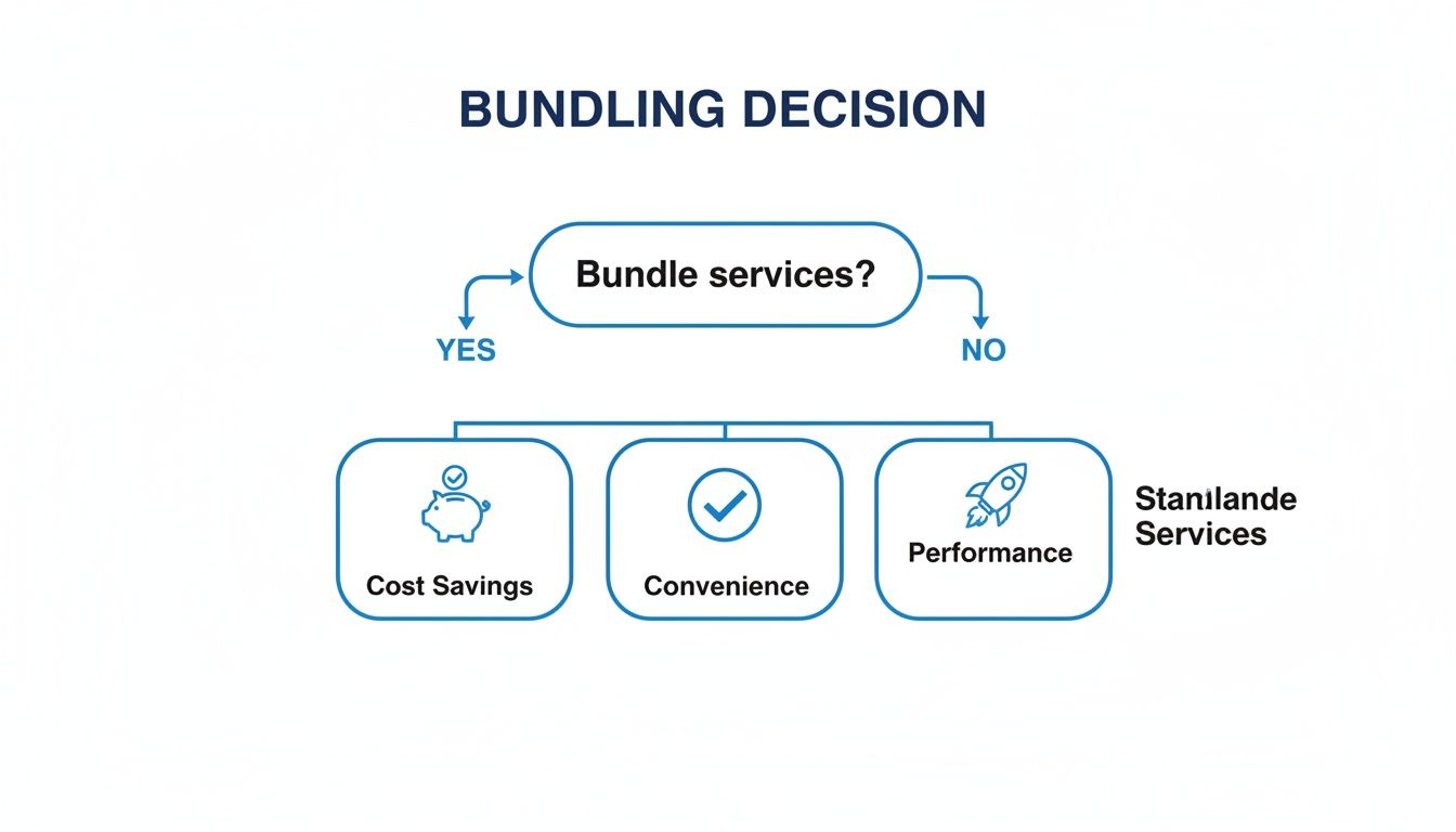 A bundling decision flowchart showing 'Bundle services?' with 'YES' leading to 'Cost Savings' and 'Convenience', and 'NO' leading to 'Performance' for 'Stanilande Services'.