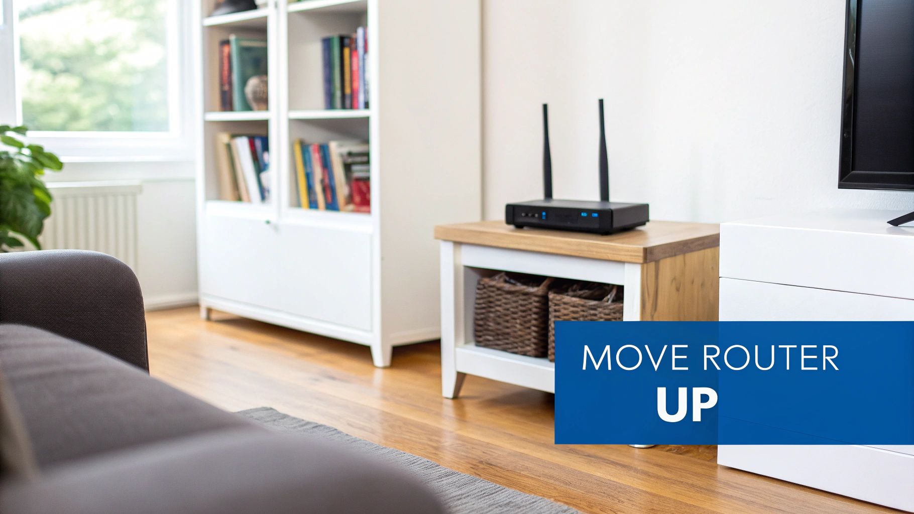 A black Wi-Fi router with antennas sits on a wooden side table in a bright living room.