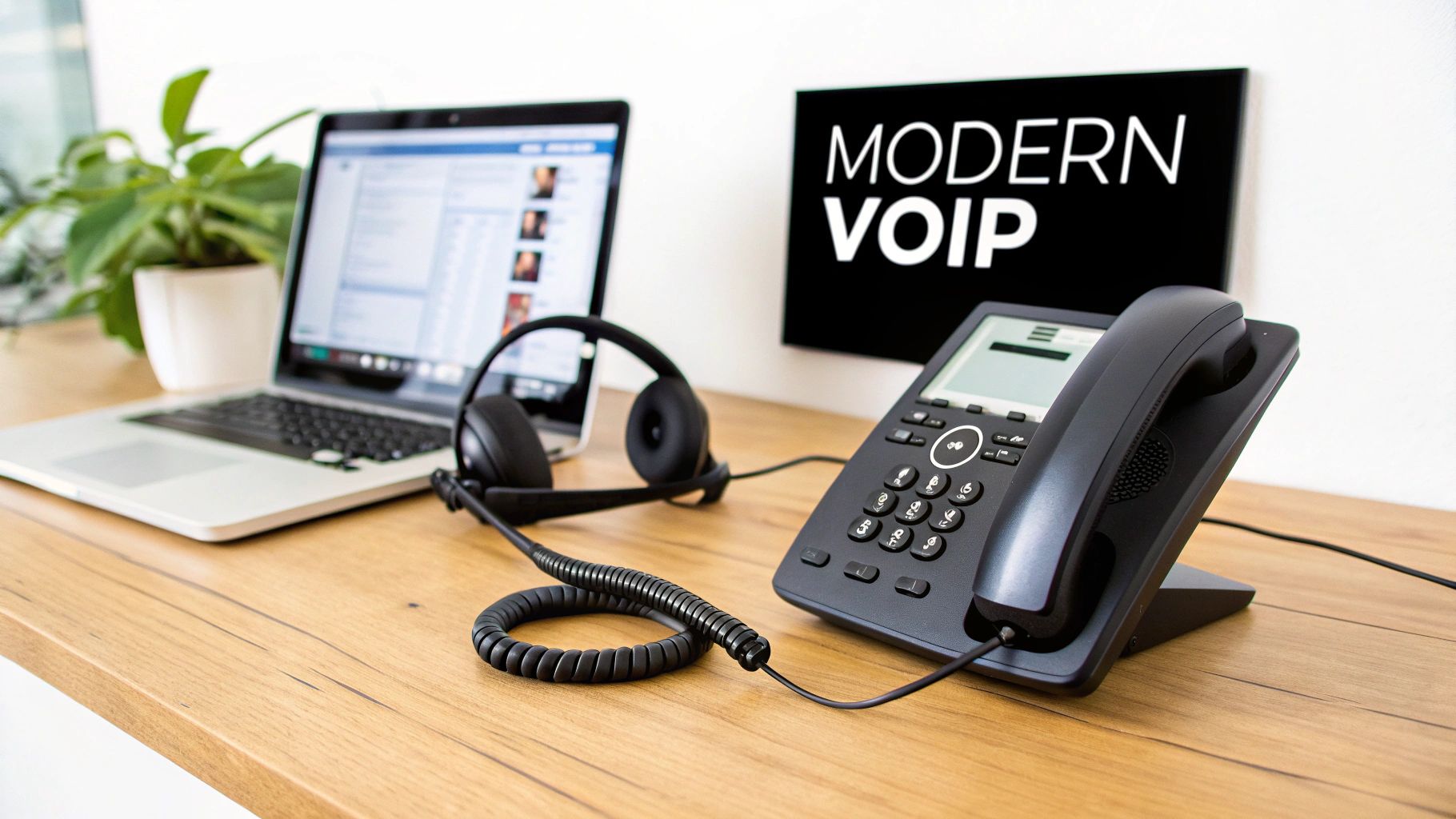 A professional using a VoIP headset at their desk, with a clean and modern office background.