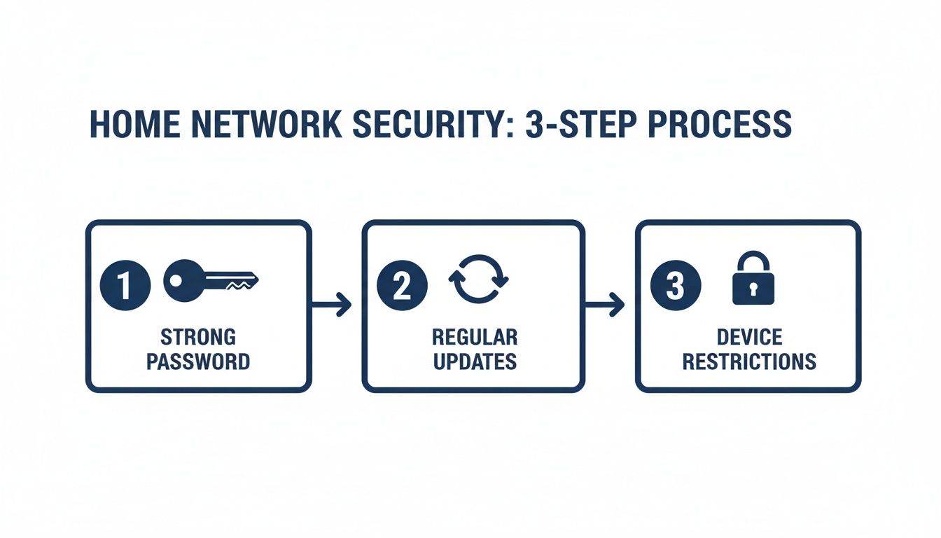 An infographic detailing a 3-step home network security process: strong password, regular updates, and device restrictions.