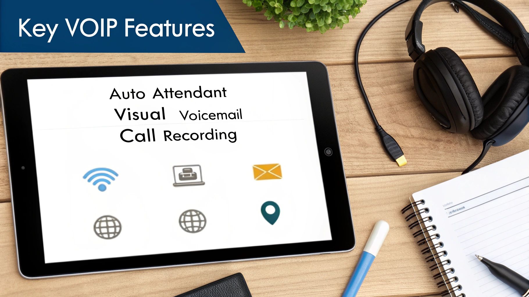 A tablet on a wooden desk shows key VOIP features: Auto Attendant, Visual Voicemail, Call Recording.