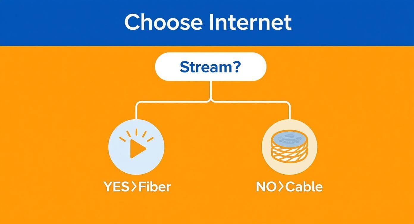 An infographic decision tree asking 'Stream?' with a 'YES' arrow pointing to a fiber optic icon and a 'NO' arrow pointing to a cable icon.