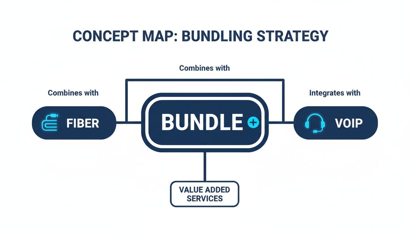 Concept map illustrating a bundling strategy, combining Fiber internet and VoIP services with value-added services.
