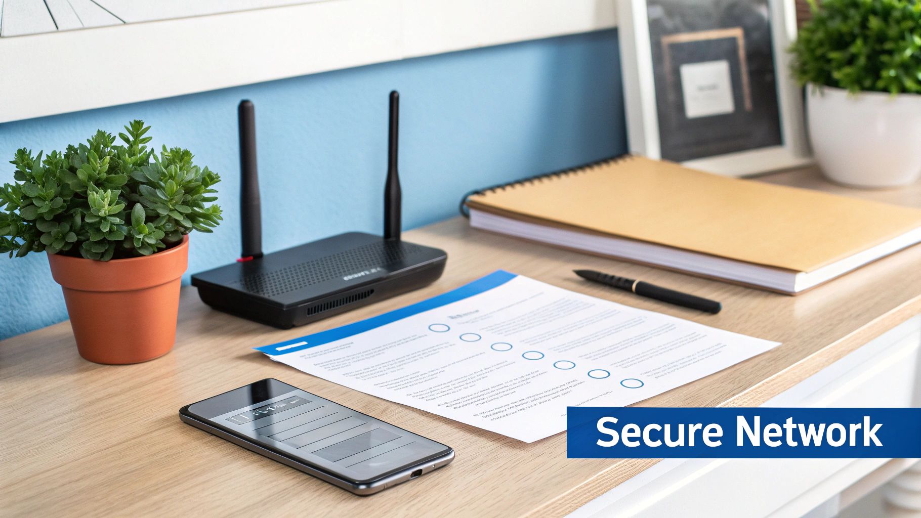 A home office desk with a black WiFi router, a smartphone, documents, and a potted plant, illustrating a secure network.