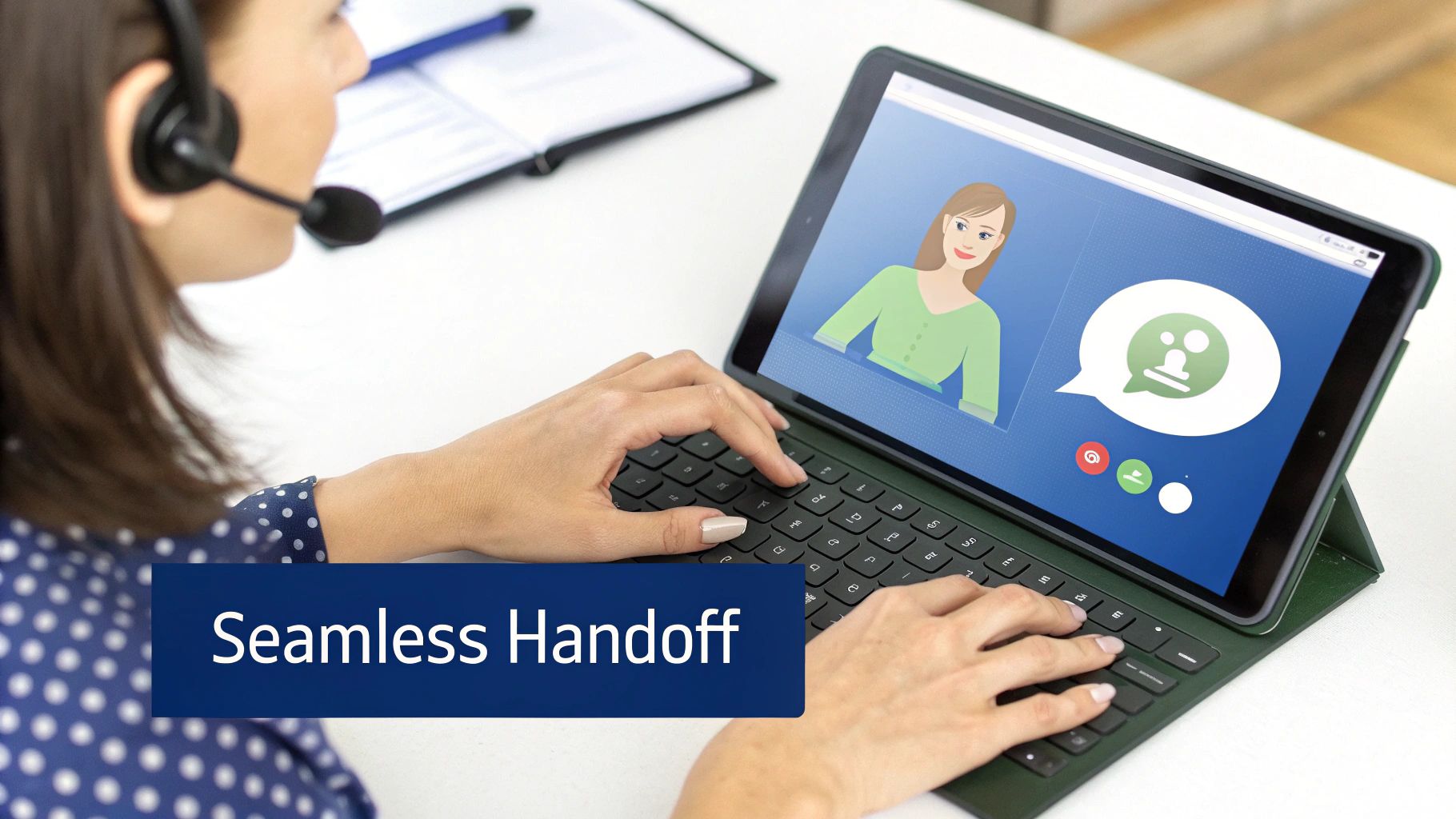 Customer service representative with a headset using a tablet for a video call, showing 'Seamless Handoff'.